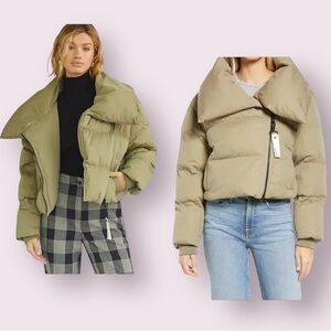 Avec Les Filles Shrunken Crop Puffer Coat Sage Green Size Medium